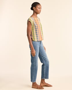 ALTERNATE VIEW OF WOMEN'S FLORA LINEN-BLEND POPOVER TOP IN WOODASH MULTI CHECK image number 2