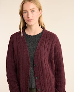 ALTERNATE VIEW OF WOMEN'S SHETLAND COLLECTION FISHERMAN CARDIGAN IN BURGUNDY image number 4