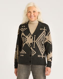 WOMEN'S LAMBSWOOL MIXED GRAPHIC CARDIGAN IN BLACK/TAUPE image number 1