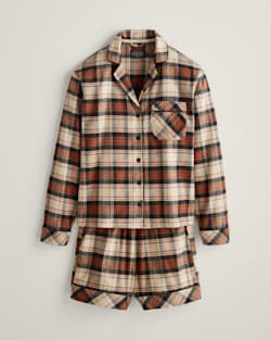 WOMEN'S PLAID FLANNEL PAJAMA SHORT SET IN TAN/BLACK/BRICK image number 1