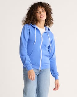 FRONT VIEW OF WOMEN'S HARDING GRAPHIC ZIP HOODIE IN BLUE HEATHER image number 2