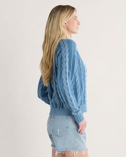 ALTERNATE VIEW OF WOMEN'S COTTON CABLE CARDIGAN IN DUSTY BLUE image number 3