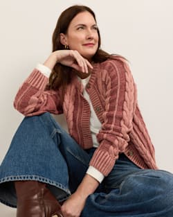 ALTERNATE VIEW OF WOMEN'S COTTON CABLE CARDIGAN IN DARK ROSE image number 2