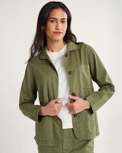 WOMEN'S UTILITY COTTON/LINEN CHORE JACKET IN KHAKI GREEN image number 1