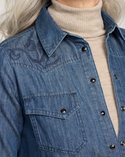 ALTERNATE VIEW OF EMBROIDERED CHAMBRAY GAMBLER SHIRT DRESS IN MEDIUM BLUE image number 5