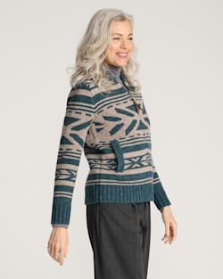 ALTERNATE VIEW OF WOMEN'S GRAPHIC SHETLAND COLLECTION ZIP CARDIGAN IN TEAL HEATHER image number 3