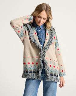 WOMEN'S GRAPHIC FRINGE CARDIGAN IN ECRU/NAVY MULTI image number 1