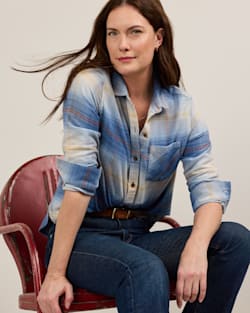 WOMEN'S PLAID COTTON FLANNEL RELAXED SHIRT IN LIGHT BLUE OMBRE image number 1