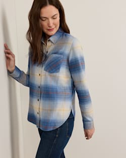 ALTERNATE VIEW OF WOMEN'S PLAID COTTON FLANNEL RELAXED SHIRT IN LIGHT BLUE OMBRE image number 3