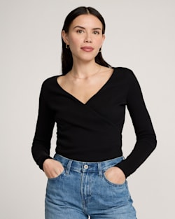 PIMA COTTON FAUX WRAP TOP IN BLACK image number 1
