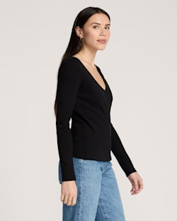 ALTERNATE VIEW OF PIMA COTTON FAUX WRAP TOP IN BLACK image number 3