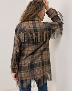 WOMEN'S PLAID JOLENE WOOL FRINGED JACKET IN TAUPE/CHARCOAL image number 1