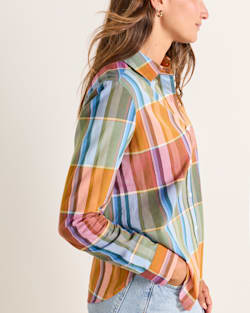 ALTERNATE VIEW OF WOMEN'S PLAID PERFECT ONE POCKET PLAID SHIRT IN TEAL/ORANGE MULTI image number 3