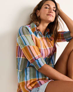 ALTERNATE VIEW OF WOMEN'S PLAID PERFECT ONE POCKET PLAID SHIRT IN TEAL/ORANGE MULTI image number 6