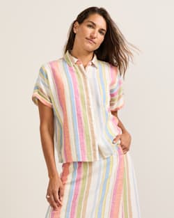 WOMEN'S SHORT-SLEEVE STRIPE LINEN SHIRT IN IVORY MULTI STRIPE image number 1