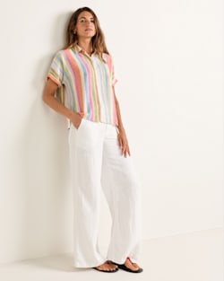 ALTERNATE VIEW OF WOMEN'S SHORT-SLEEVE STRIPE LINEN SHIRT IN IVORY MULTI STRIPE image number 5