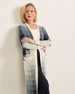 WOMEN'S COTTON DUSTER CARDIGAN IN NAVY/IVORY MULTI image number 1