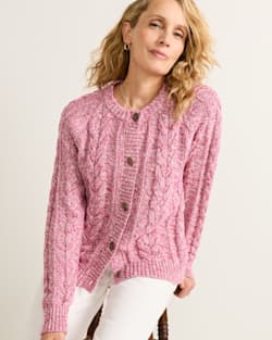 WOMEN'S MARLED COTTON CABLE CARDIGAN IN MULBERRY image number 1