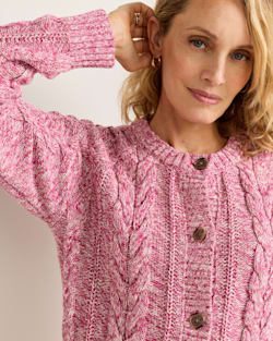 ALTERNATE VIEW OF WOMEN'S MARLED COTTON CABLE CARDIGAN IN MULBERRY image number 4