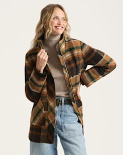 WOMEN'S PLAID RIB-KNIT TRIM WOOL COAT IN BROWN PLAID image number 1