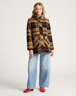 ALTERNATE VIEW OF WOMEN'S PLAID RIB-KNIT TRIM WOOL COAT IN BROWN PLAID image number 6