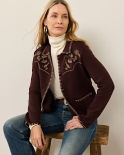 WOMEN'S EMBROIDERED SOUVENIR CARDIGAN IN DARK CHOCOLATE image number 1