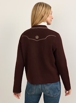 ALTERNATE VIEW OF WOMEN'S EMBROIDERED SOUVENIR CARDIGAN IN DARK CHOCOLATE image number 3