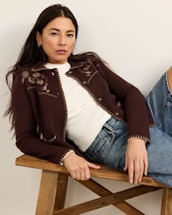 ALTERNATE VIEW OF WOMEN'S EMBROIDERED SOUVENIR CARDIGAN IN DARK CHOCOLATE image number 6