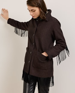 ALTERNATE VIEW OF WOMEN'S HERRINGBONE JOLENE WOOL FRINGED JACKET IN BLACK/BROWN image number 2