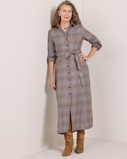 WOMEN'S PLAID WORSTED WOOL SHIRT DRESS IN BLUE/MAROON image number 1