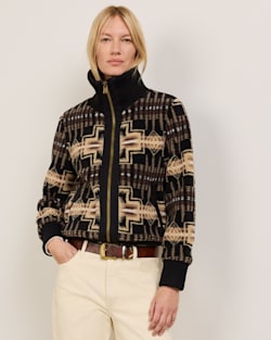 ALTERNATE VIEW OF WOMEN'S HARDING FOXGLOVE FLEECE BOMBER JACKET IN BLACK/TAN image number 2