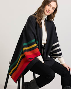 ALTERNATE VIEW OF WOMEN'S MERINO WOOL BLANKET CAPE IN CHARCOAL MULTI STRIPE image number 5