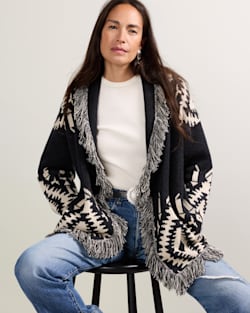 ALTERNATE VIEW OF WOMEN'S GRAPHIC FRINGE CARDIGAN IN BLACK/IVORY image number 2