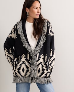 ALTERNATE VIEW OF WOMEN'S GRAPHIC FRINGE CARDIGAN IN BLACK/IVORY image number 4