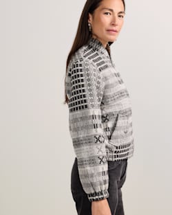 ALTERNATE VIEW OF WOMEN'S TEXTURED WOOL BOMBER JACKET IN BLACK/GREY OVERSHOT image number 2