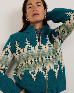 ALTERNATE VIEW OF WOMEN'S GRAPHIC SHETLAND COLLECTION ZIP CARDIGAN IN DARK TEAL MULTI image number 3