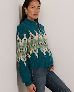 ALTERNATE VIEW OF WOMEN'S GRAPHIC SHETLAND COLLECTION ZIP CARDIGAN IN DARK TEAL MULTI image number 5