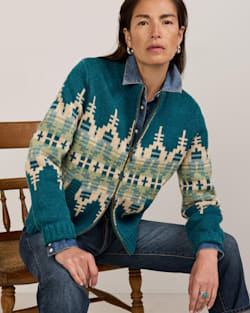 ALTERNATE VIEW OF WOMEN'S GRAPHIC SHETLAND COLLECTION ZIP CARDIGAN IN DARK TEAL MULTI image number 6