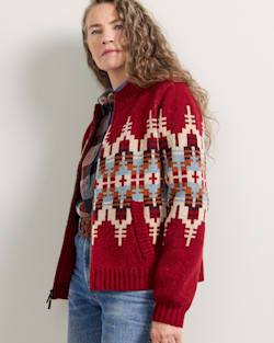 WOMEN'S GRAPHIC SHETLAND COLLECTION ZIP CARDIGAN IN CHILI RED MULTI image number 1