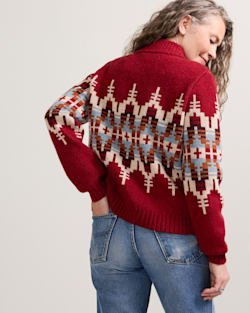 ALTERNATE VIEW OF WOMEN'S GRAPHIC SHETLAND COLLECTION ZIP CARDIGAN IN CHILI RED MULTI image number 2