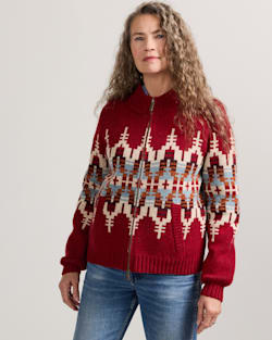 ALTERNATE VIEW OF WOMEN'S GRAPHIC SHETLAND COLLECTION ZIP CARDIGAN IN CHILI RED MULTI image number 3