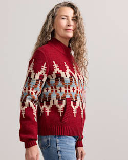 ALTERNATE VIEW OF WOMEN'S GRAPHIC SHETLAND COLLECTION ZIP CARDIGAN IN CHILI RED MULTI image number 4