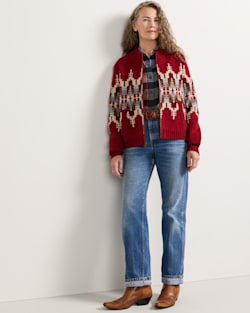ALTERNATE VIEW OF WOMEN'S GRAPHIC SHETLAND COLLECTION ZIP CARDIGAN IN CHILI RED MULTI image number 6