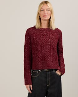 ALTERNATE VIEW OF WOMEN'S FISHERMAN DONEGAL WOOL SWEATER IN WINE DONEGAL image number 3
