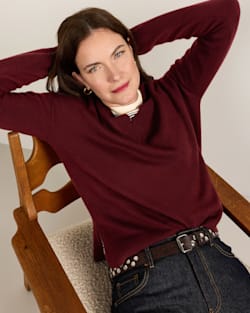 ALTERNATE VIEW OF WOMEN'S MERINO V-NECK SWEATER IN WINE image number 2