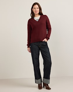 ALTERNATE VIEW OF WOMEN'S MERINO V-NECK SWEATER IN WINE image number 6