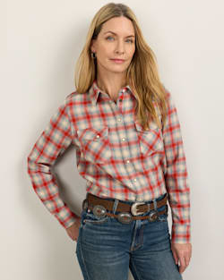 WOMEN'S PLAID WOOL GAMBLER SHIRT IN RED/AQUA OMBRE image number 1