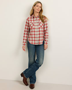 ALTERNATE VIEW OF WOMEN'S PLAID WOOL GAMBLER SHIRT IN RED/AQUA OMBRE image number 5
