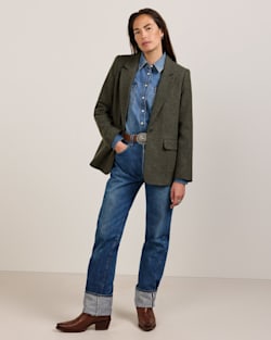 ALTERNATE VIEW OF WOMEN'S HERRINGBONE TWEED WOOL BLAZER IN BLACK/GREEN MIX image number 2