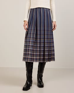 WOMEN'S WORSTED WOOL PLEATED SKIRT IN BLUE STRIPE PLAID image number 1